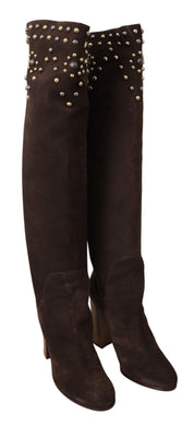 Brown Suede Studded Knee High Shoes Boots