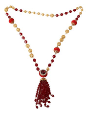 Gold Tone Brass Red Crystals Pendant Opera Chain  Necklace