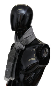 Gray Striped Wool Unisex Neck Wrap Fringes Scarf