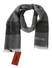 Gray Striped Wool Unisex Neck Wrap Fringes Scarf