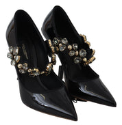 Black Leather Crystal Shoes Mary Jane Pumps