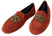 Orange Leather Crystal Crown  Loafers Shoes