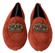 Orange Leather Crystal Crown  Loafers Shoes