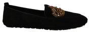 Black Leather Crystal Gold Crown Loafers Shoes
