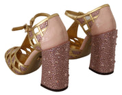 Pink Gold Leather Crystal Pumps T-strap Shoes