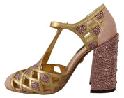 Pink Gold Leather Crystal Pumps T-strap Shoes