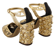 Black Gold Leather Studded Ankle Straps Shoes