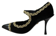 Black Embellished Velvet Mary Jane Pumps Shoes