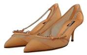 Peach Mesh Leather Chains Heels Pumps Shoes