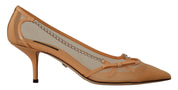 Peach Mesh Leather Chains Heels Pumps Shoes