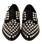 Black Leather Crystals Lace Up Formal Shoes