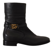 Black Leather Flats Logo Short Boots Shoes