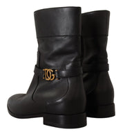 Black Leather Flats Logo Short Boots Shoes