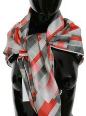 Costume National Gray Red Silk Shawl Foulard Wrap  Scarf