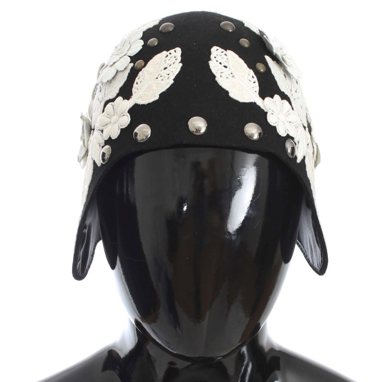 Dolce & Gabbana Black Wool White Floral Gold Leaf Hat Dolce & Gabbana