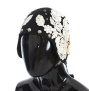 Dolce & Gabbana Black Wool White Floral Gold Leaf Hat Dolce & Gabbana