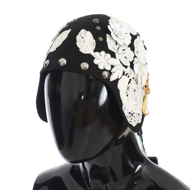 Dolce & Gabbana Black Wool White Floral Gold Leaf Hat Dolce & Gabbana