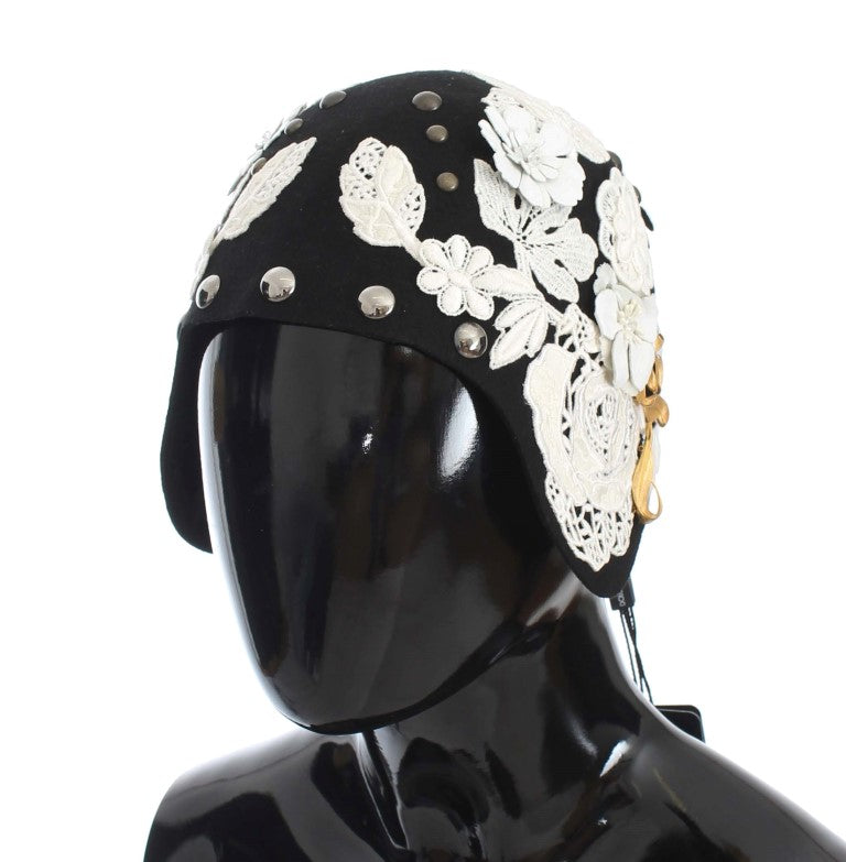 Dolce & Gabbana Black Wool White Floral Gold Leaf Hat Dolce & Gabbana
