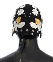 Dolce & Gabbana Black Wool White Floral Gold Leaf Hat Dolce & Gabbana