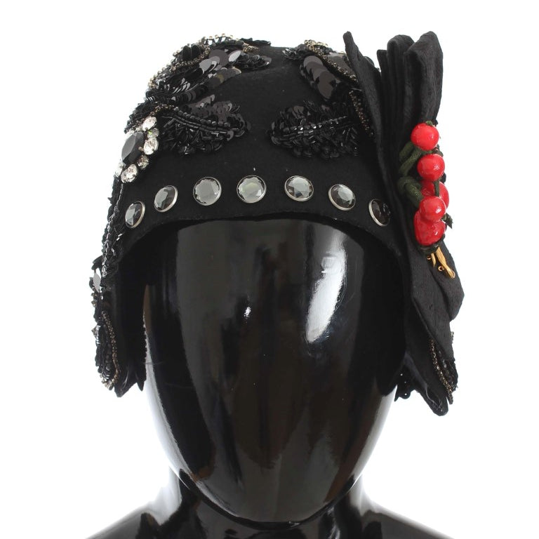 Dolce & Gabbana Black Crystal Gold Cherries Brooch Hat Dolce & Gabbana