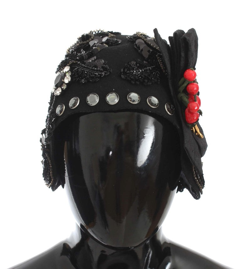 Dolce & Gabbana Black Crystal Gold Cherries Brooch Hat Dolce & Gabbana