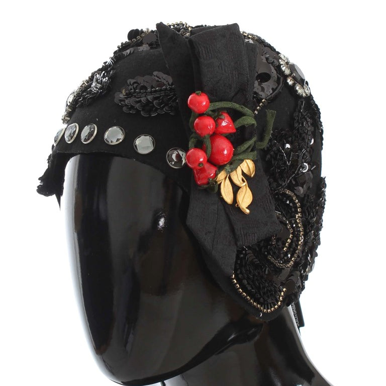 Dolce & Gabbana Black Crystal Gold Cherries Brooch Hat Dolce & Gabbana
