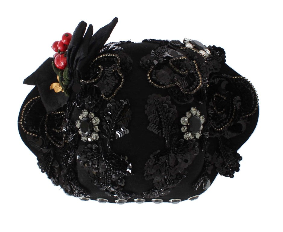 Dolce & Gabbana Black Crystal Gold Cherries Brooch Hat Dolce & Gabbana