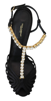 Black Satin Clear Crystal T-strap Sandal Shoes