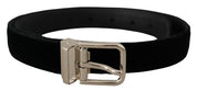 Black Velvet Silver Tone Metal Logo Buckle Belt