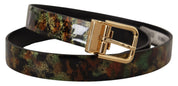 Black Green Leather Bronze Metal Buckle Belt