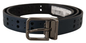 Blue Perforated Skinny Leather Metal Buckle Belt