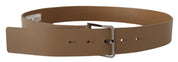 Beige Calf Leather Wide Silver Metal Belt