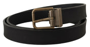 Black Leather Brass Metal Grain Buckle Classic Belt