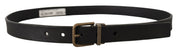 Black Leather Brass Metal Grain Buckle Classic Belt