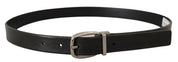 Black Leather Silver Chrome Metal Logo Buckle Belt