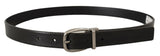 Black Leather Silver Chrome Metal Logo Buckle Belt