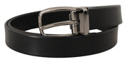 Black Leather Silver Chrome Metal Logo Buckle Belt