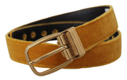 Mustard Velvet Gold Logo Engraved Metal Buckle Belt