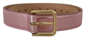Metallic Pink Polished Leather Logo Metal Buckle Belt
