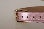 Metallic Pink Polished Leather Logo Metal Buckle Belt