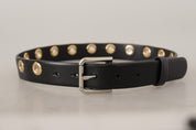 Black Leather Eyelet Silver Tone Metal Buckle Belt