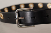 Black Leather Eyelet Silver Tone Metal Buckle Belt