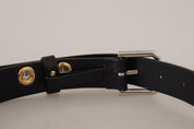 Black Leather Eyelet Silver Tone Metal Buckle Belt