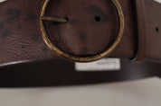 Dark Brown Wide Calf Leather Logo Round Buckle Belt