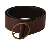 Brown Leather Wide Waist Logo Metal Round Buckle Belt