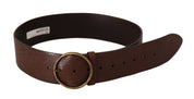 Brown Leather Wide Waist Logo Metal Round Buckle Belt