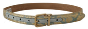 Blue Leather Jacquard Embossed Gold Metal Buckle Belt
