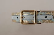 Blue Leather Jacquard Embossed Gold Metal Buckle Belt