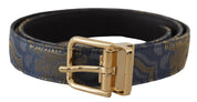 Navy Blue Jacquard Gold Tone Logo Metal Buckle Belt