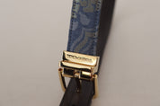 Navy Blue Jacquard Gold Tone Logo Metal Buckle Belt
